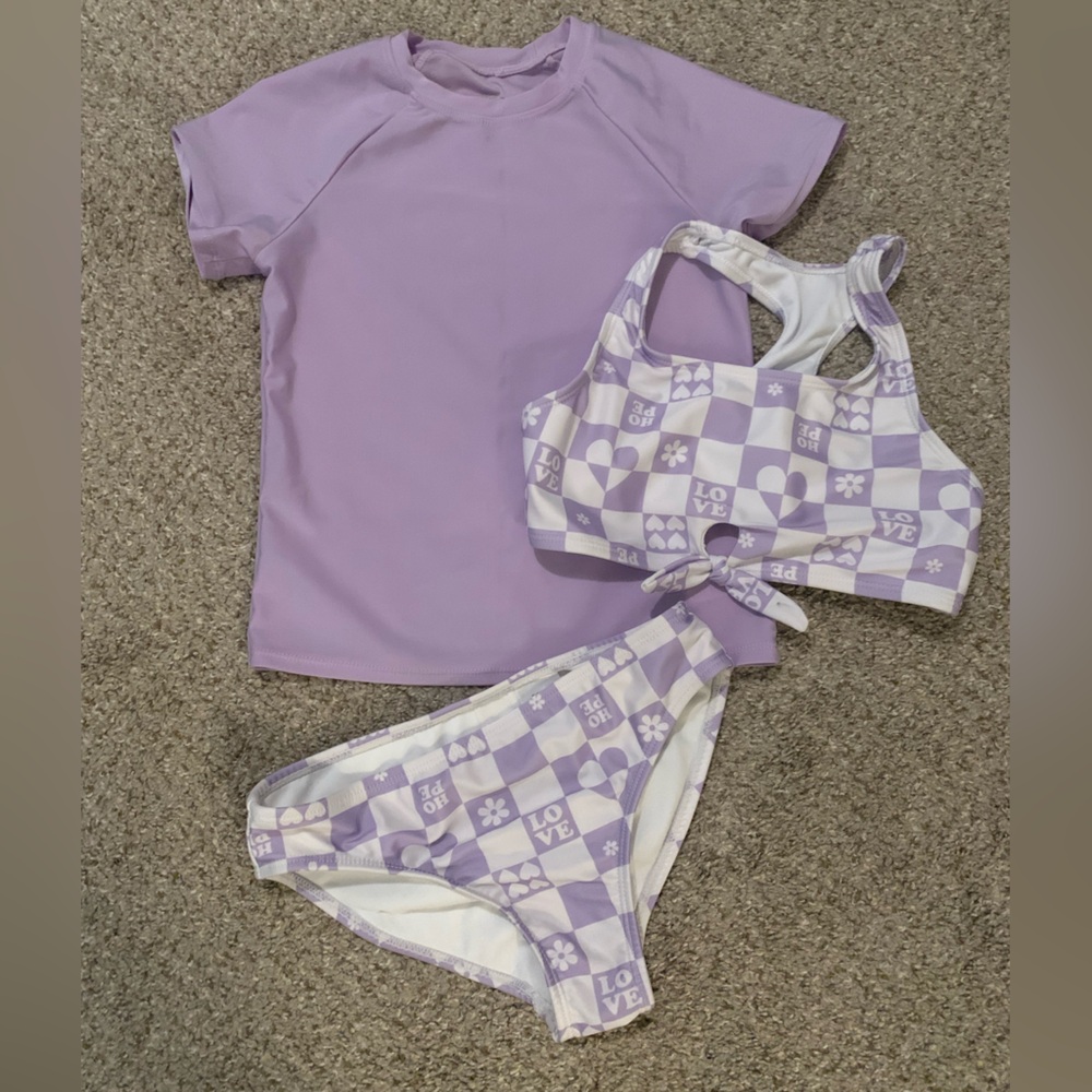 3 Piece Kids Purple and White Checkered Bikini Set with Rash Guard